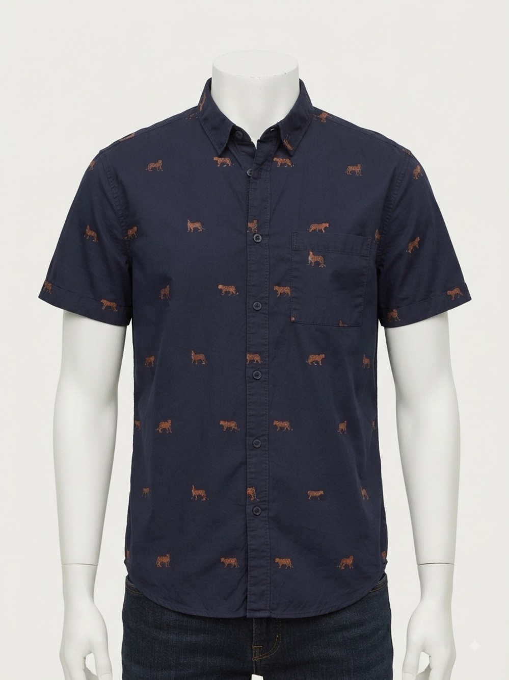 H&M Navy Cheetah Button-Down Shirt short Sleeve Button Down SZ L